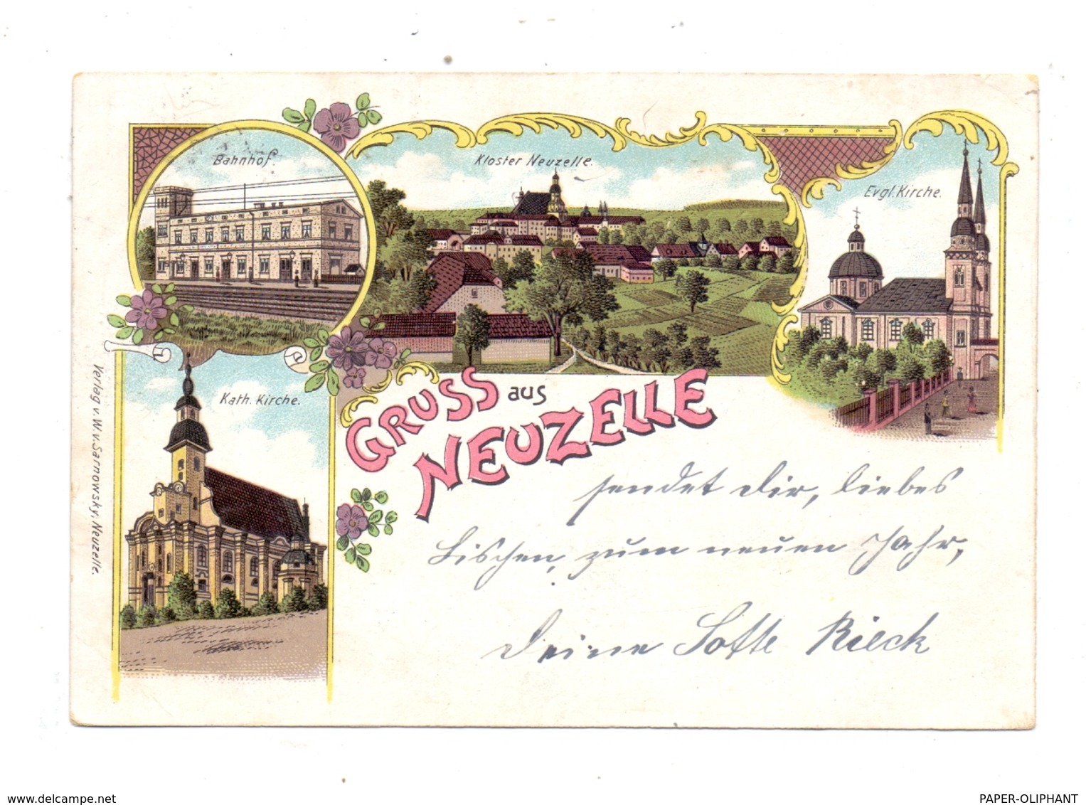 0-1222 NEUZELLE, Lithographie 1902, Bahnhof, Kirchen, Kloster, Bahnpost Berlin - Liegnitz - Neuzelle