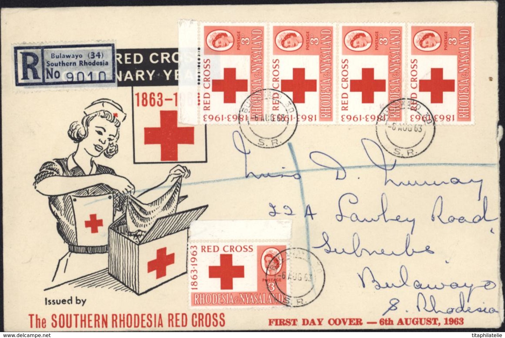 Enveloppe First Day Cover 6 8 1963 The Southern Rhodesia Red Cross Recommandé R Bulawayo N9010 Southern R YT 48 X5 - Rhodesia & Nyasaland (1954-1963)