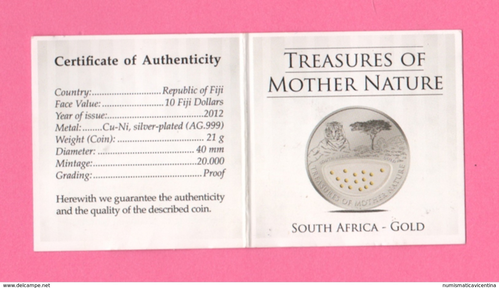 Figi Fiji 10 Dollari 2012 South Africa Treausure Mother Nature Tiger Proof With Golden Balls - Figi