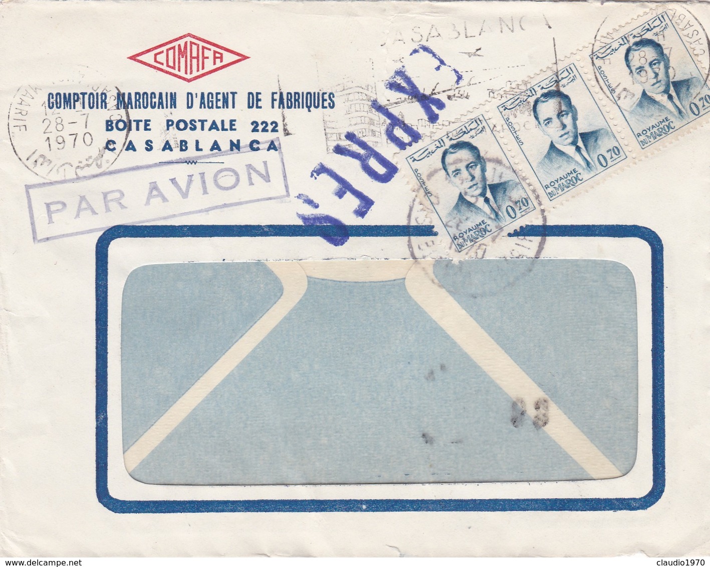 BUSTA VIAGGIATA - EXPRES - MAROCCO - CASABLANCA -  COMAFA - COMTOIR MAROCAIN D' AGENT DE FABRIQUES 1970 - Maroc (1956-...)