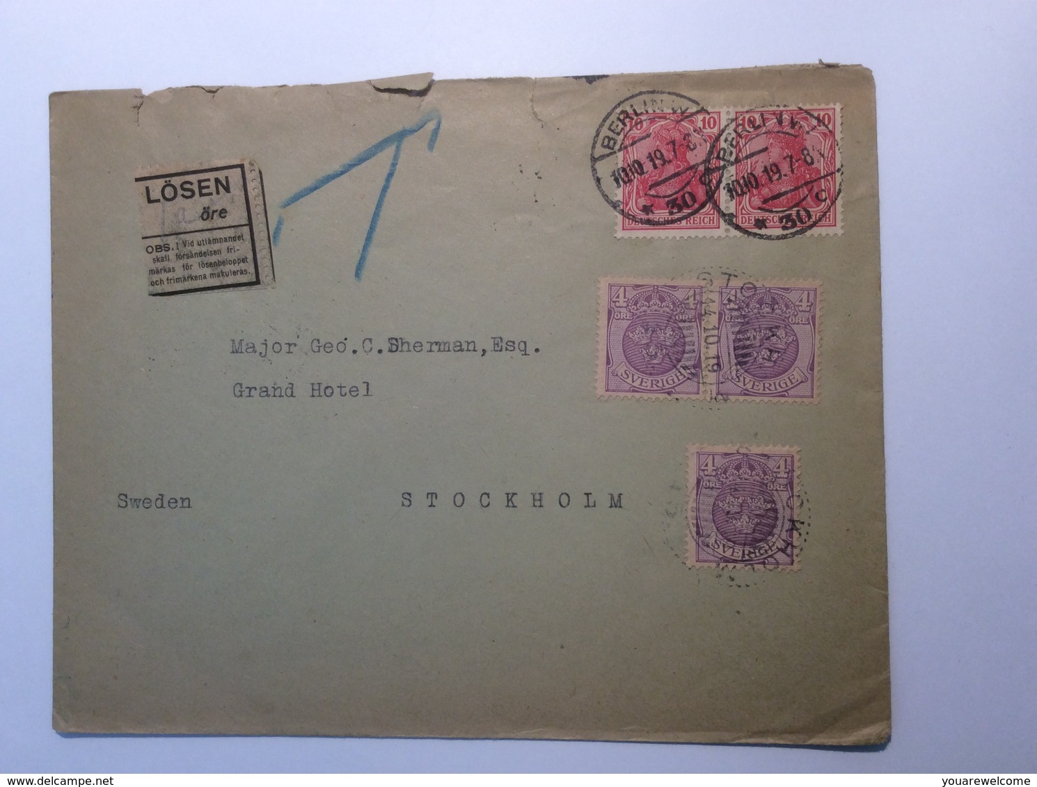 Sweden Schweden 1919 Postage Due LÖSEN Cover From Deutsches Reich Germania BERLIN > GRAND HOTEL STOCKHOLM (Brief Lettre - Briefe U. Dokumente