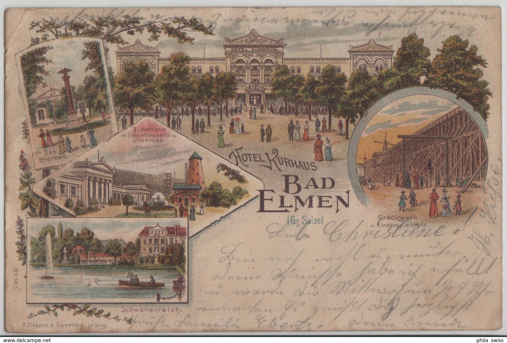 Bad Elmen (Gr. Salze) - Hotel Kurhaus, Schwanenteich, Erlenbad, Gradiewerk - Lithographie Litho - Schönebeck (Elbe)