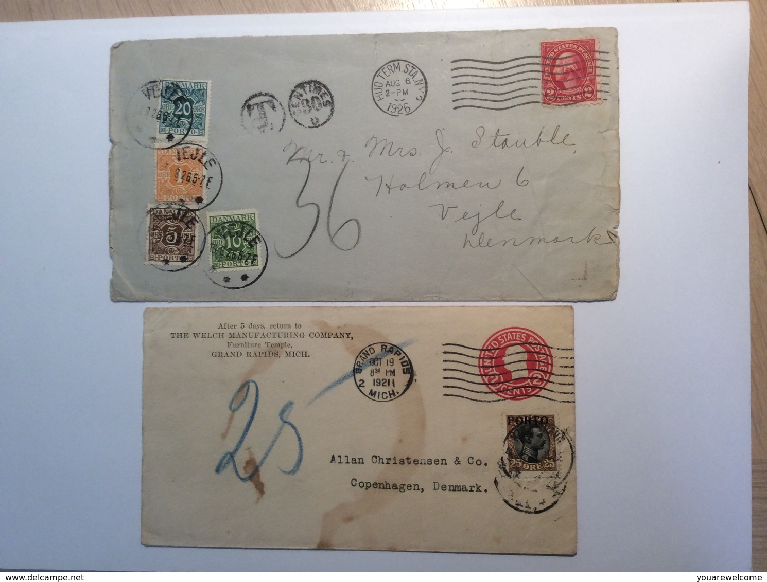 Denmark 1921-26 Two Postage Due PORTO Cover From USA ( Brooklyn NY MICH Danemark Lettre Brief - Portomarken