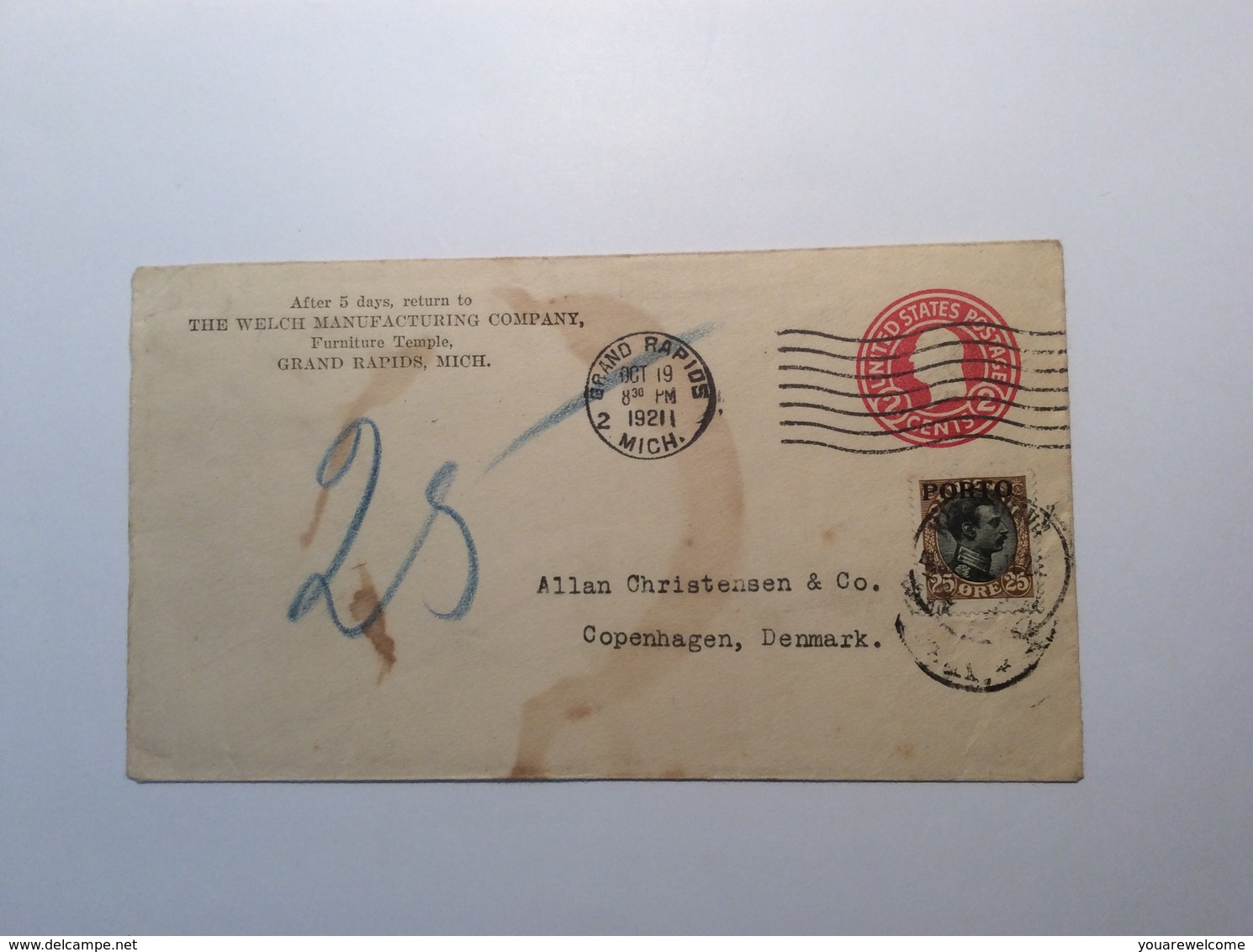 Denmark 1921-26 two postage due PORTO cover from USA ( Brooklyn NY MICH Danemark lettre Brief