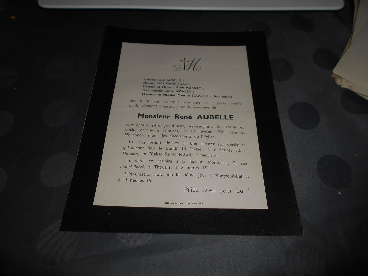 204 - Faire-Part De Décès, Monsieur René AUBELLE , Le 10 Février 1938 à Thouars - Todesanzeige