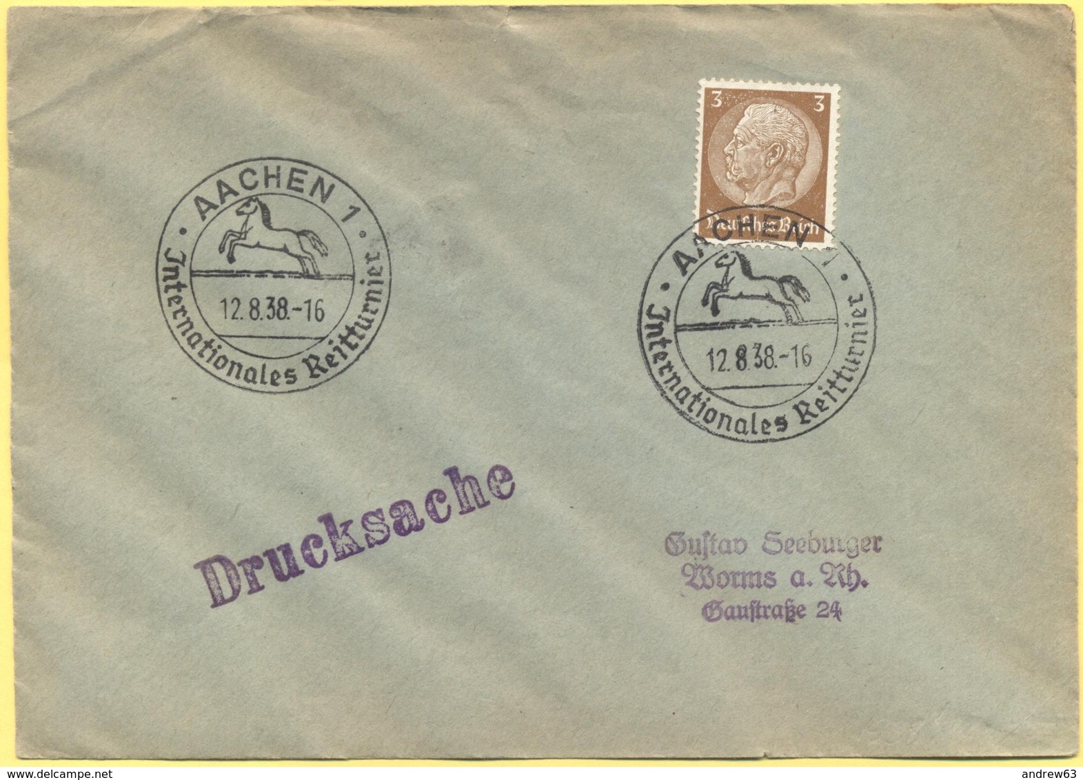 Deutsches Reich - 1938 - 3 Pf + Special Cancel Internationales Reitturnier - Drucksache - Viaggiata Da Aachen Per Worms - Horses