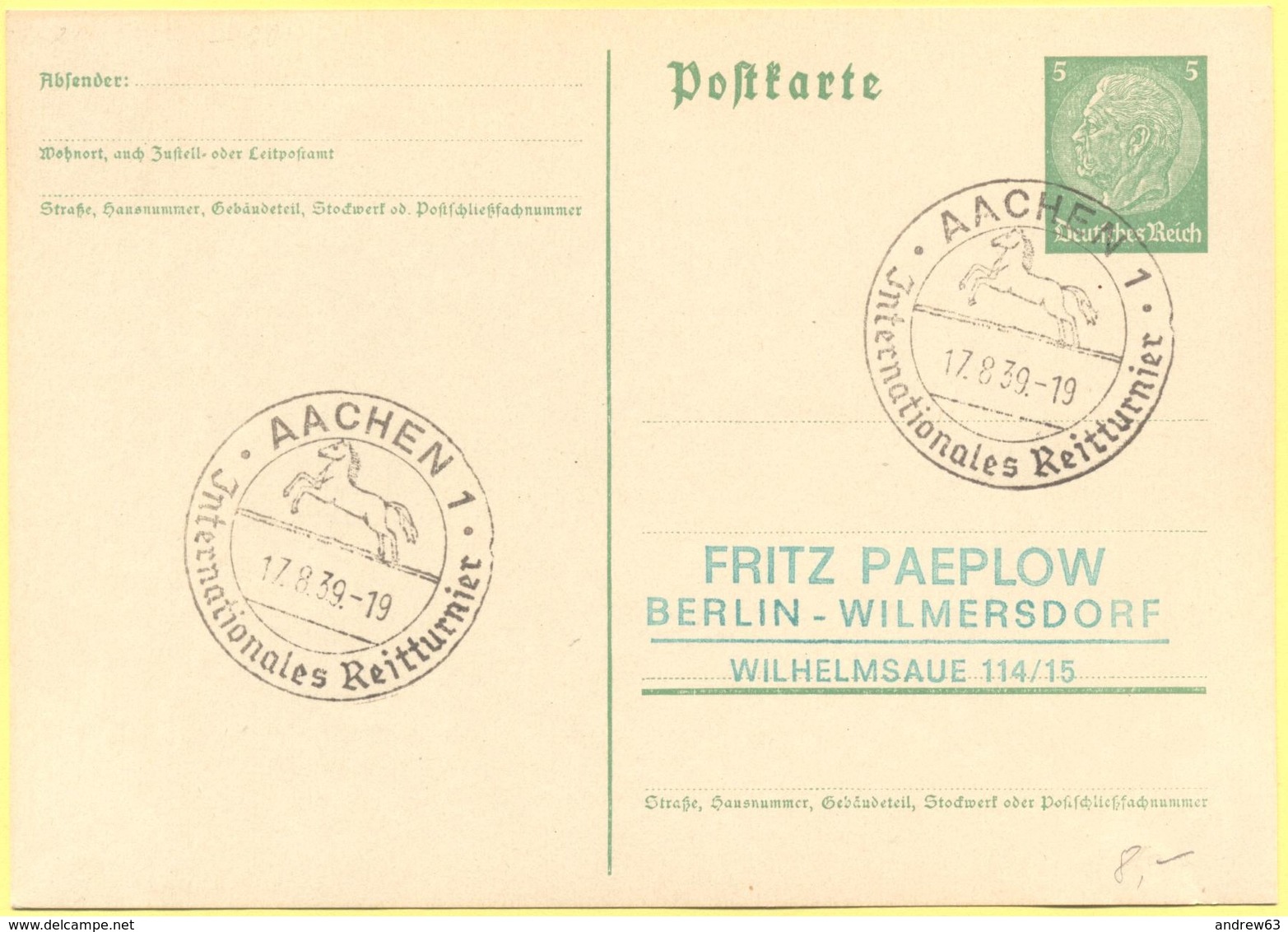 Deutsches Reich - 1939 - 5 Pf + Special Cancel Internationales Reitturnier - Carte Postale - Intero Postale - Entier Pos - Ippica