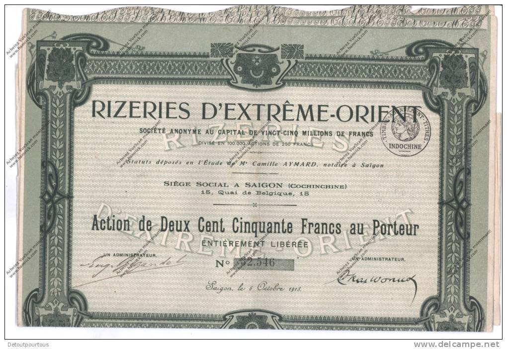 RIZERIES D'EXTREME ORIENT Indochine Cochinchine Saïgon 1918 Action Au Porteur De 250 Francs - Asia