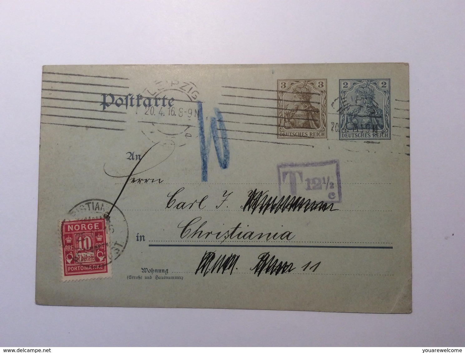 Norway 1916 Postage Due On Deutsches Reich Germania Postal Stationery (Ganzsache Cover Lettre Brief - Cartas & Documentos