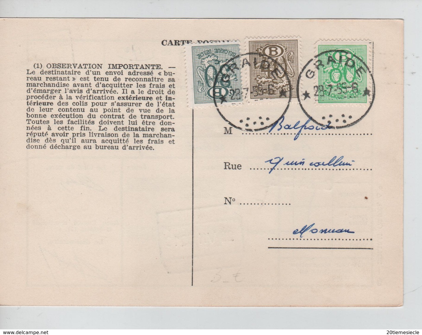 TP Service 49-50-54 S/CP SNCB D.C.1932 Bis C.Relais Graide 28/7/59 Pour Monceau C.C.F.Graide + Griffe AP2087 - Cachets à étoiles