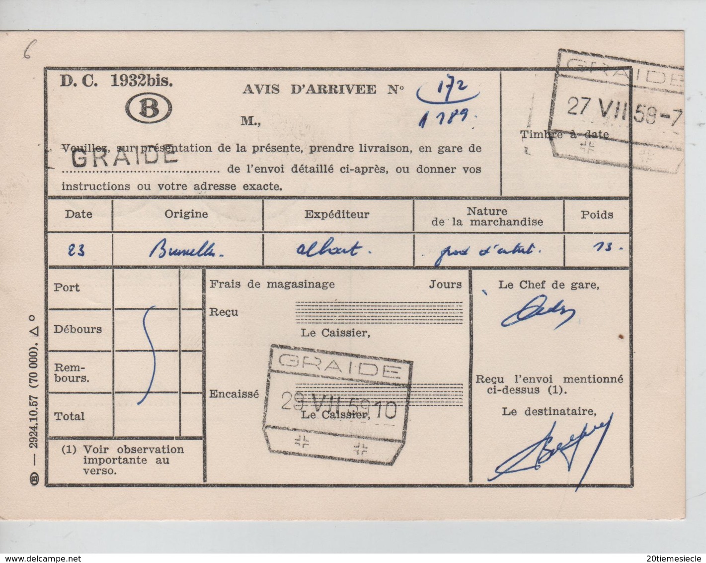 TP Service 49-50-54 S/CP SNCB D.C.1932 Bis C.Relais Graide 28/7/59 Pour Monceau C.C.F.Graide + Griffe AP2087 - Cachets à étoiles