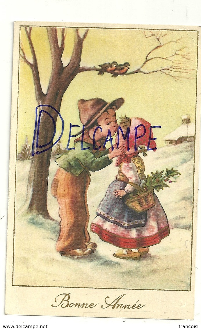 Bonne Année. Couple D'enfants, Bisous Dans La Neige, Rouges-gorges. 1951 - Nieuwjaar