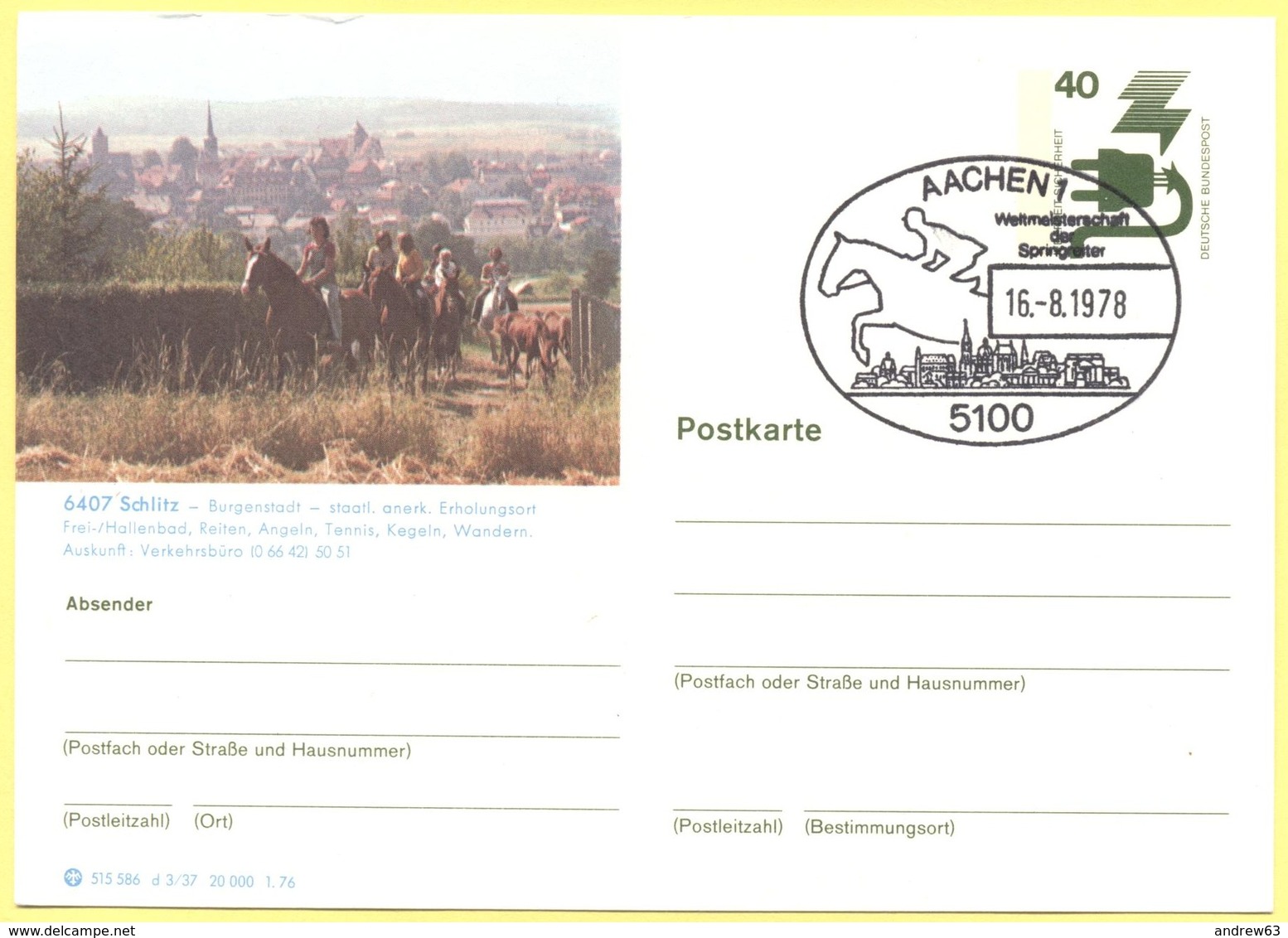 GERMANIA - GERMANY - Deutschland - ALLEMAGNE - BUNDESPOST - 1978 - 40 Pf Schlitz + Special Cancel Aachen Weltmeisterscha - Horses