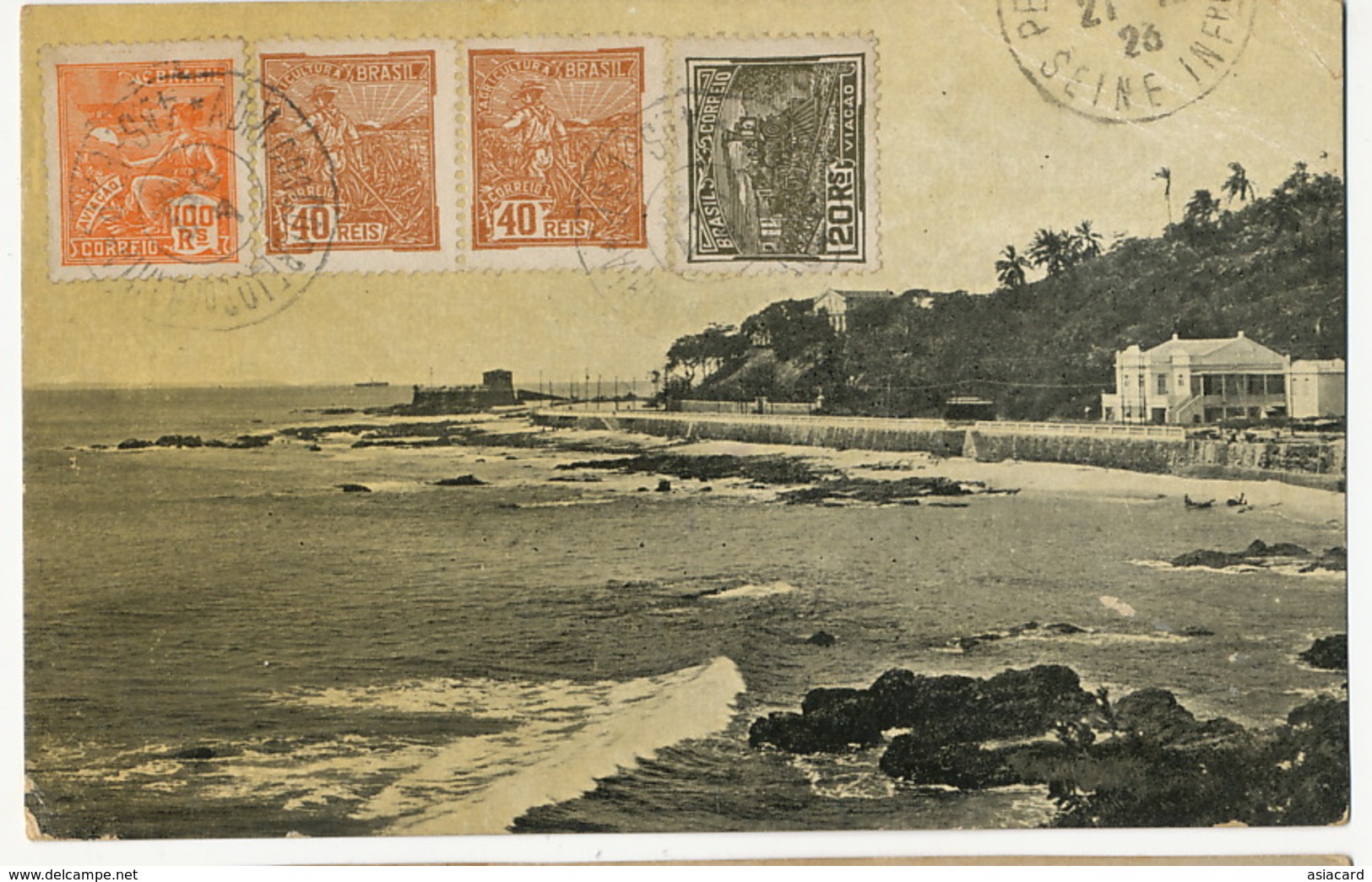 Bahia Barra   Ediçao  Almeida & Irmao P. Used To  Petit Quevilly France 4 Stamps  Light Defect Top Right Corner - Salvador De Bahia