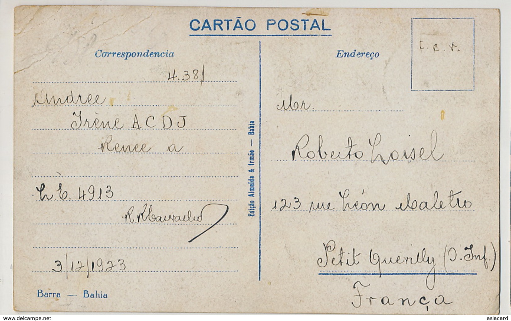 Bahia Barra   Ediçao  Almeida & Irmao P. Used To  Petit Quevilly France 4 Stamps  Light Defect Top Right Corner - Salvador De Bahia