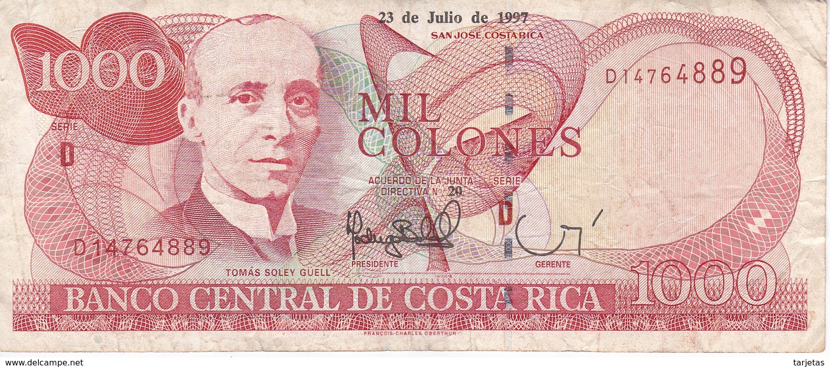 BILLETE DE COSTA RICA DE 1000 COLONES AÑO 1997 SERIE D  (BANKNOTE) - Costa Rica