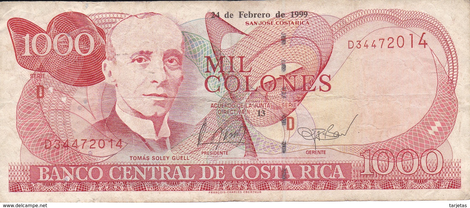 BILLETE DE COSTA RICA DE 1000 COLONES AÑO 1999 SERIE D  (BANKNOTE) - Costa Rica