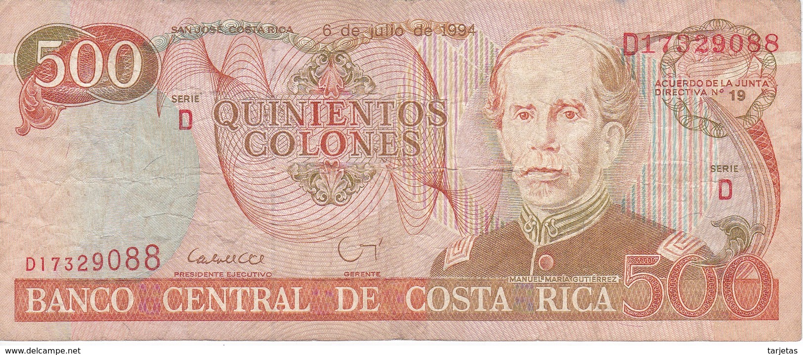 BILLETE DE COSTA RICA DE 500 COLONES AÑO 1994 SERIE D  (BANKNOTE) - Costa Rica