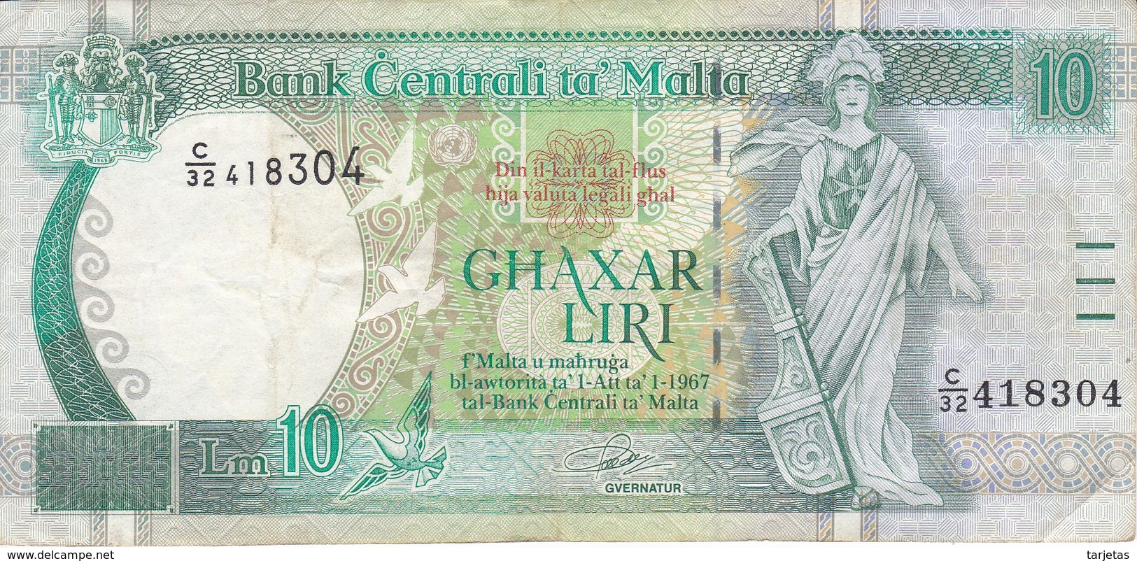 BILLETE DE MALTA DE 10 LIRAS DEL AÑO 1989  (BANKNOTE) - Malte