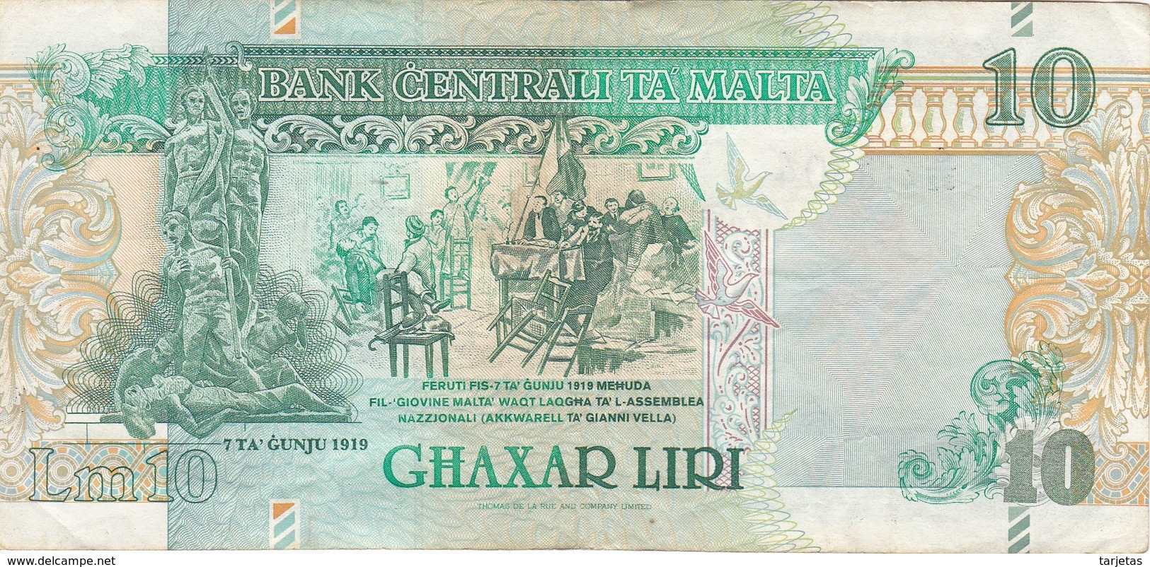 BILLETE DE MALTA DE 10 LIRAS DEL AÑO 1989  (BANKNOTE) - Malta