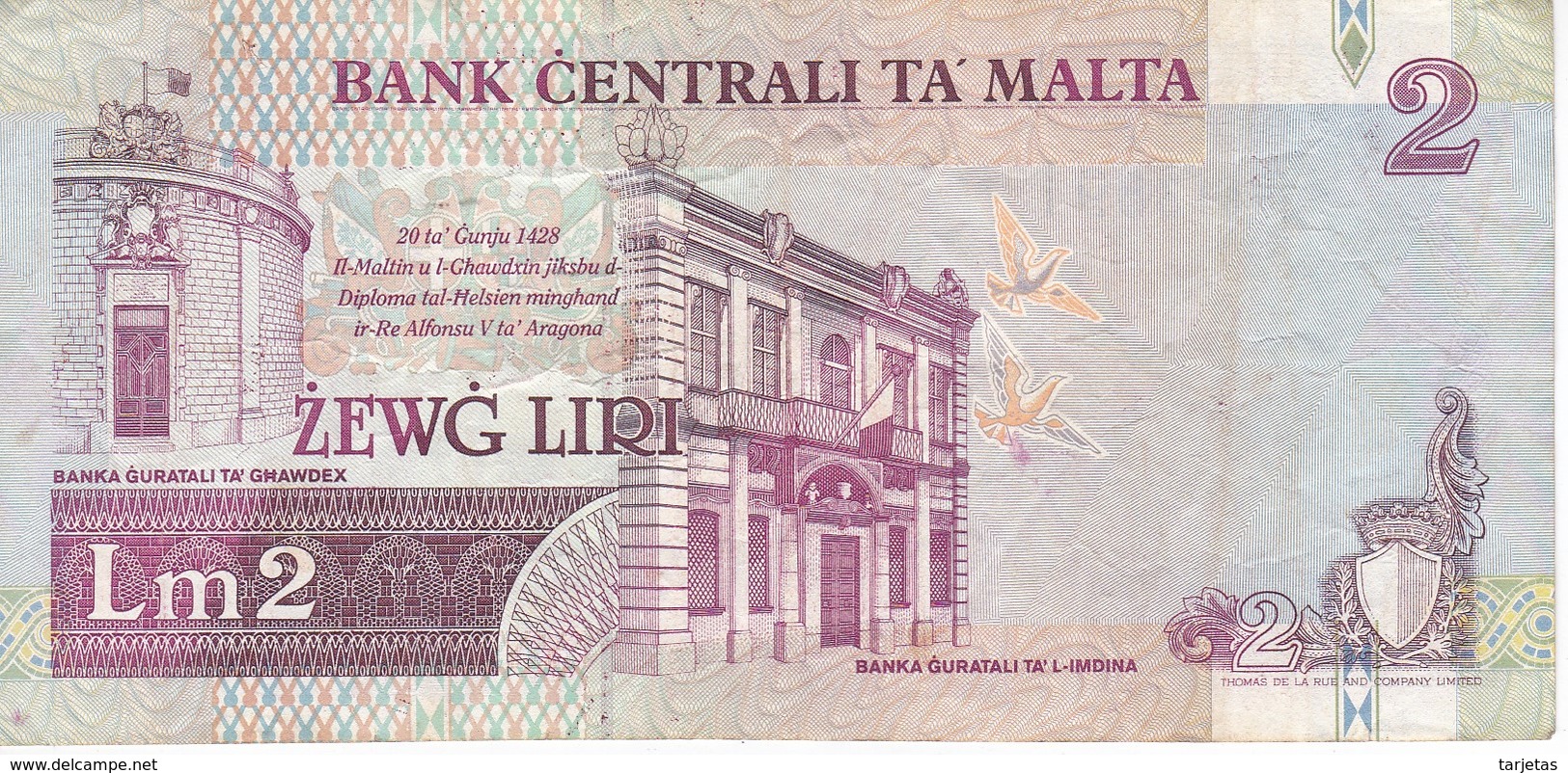 BILLETE DE MALTA DE 2 LIRAS DEL AÑO 1989  (BANKNOTE) - Malte