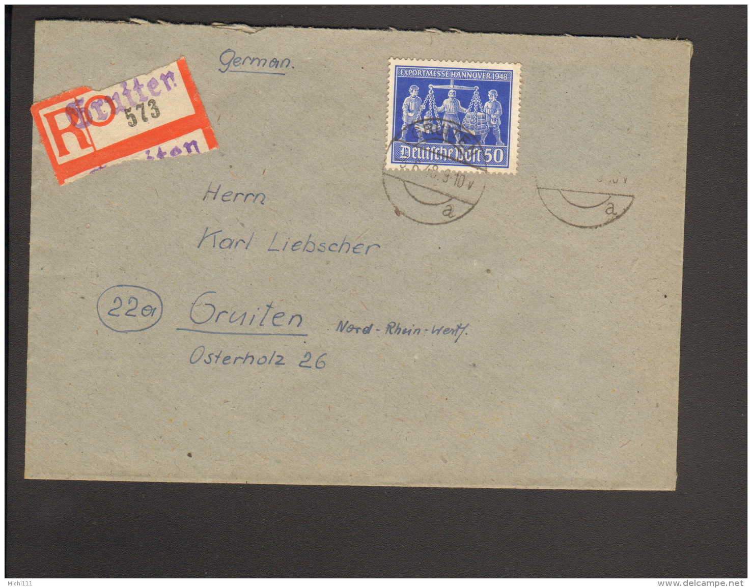 Alli.Bes.24 Pfg. Exportmesse Hannover A. Einschreibebrief 1948 A.Gruiten - Sonstige & Ohne Zuordnung
