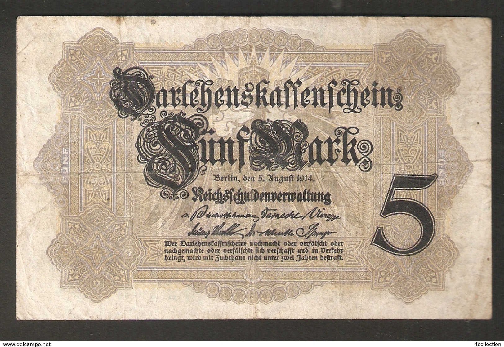 T. Germany German Empire Darlehenskassenschein 5 MARK 1914 - 7 Digital Serial T 5455778 - 5 Mark