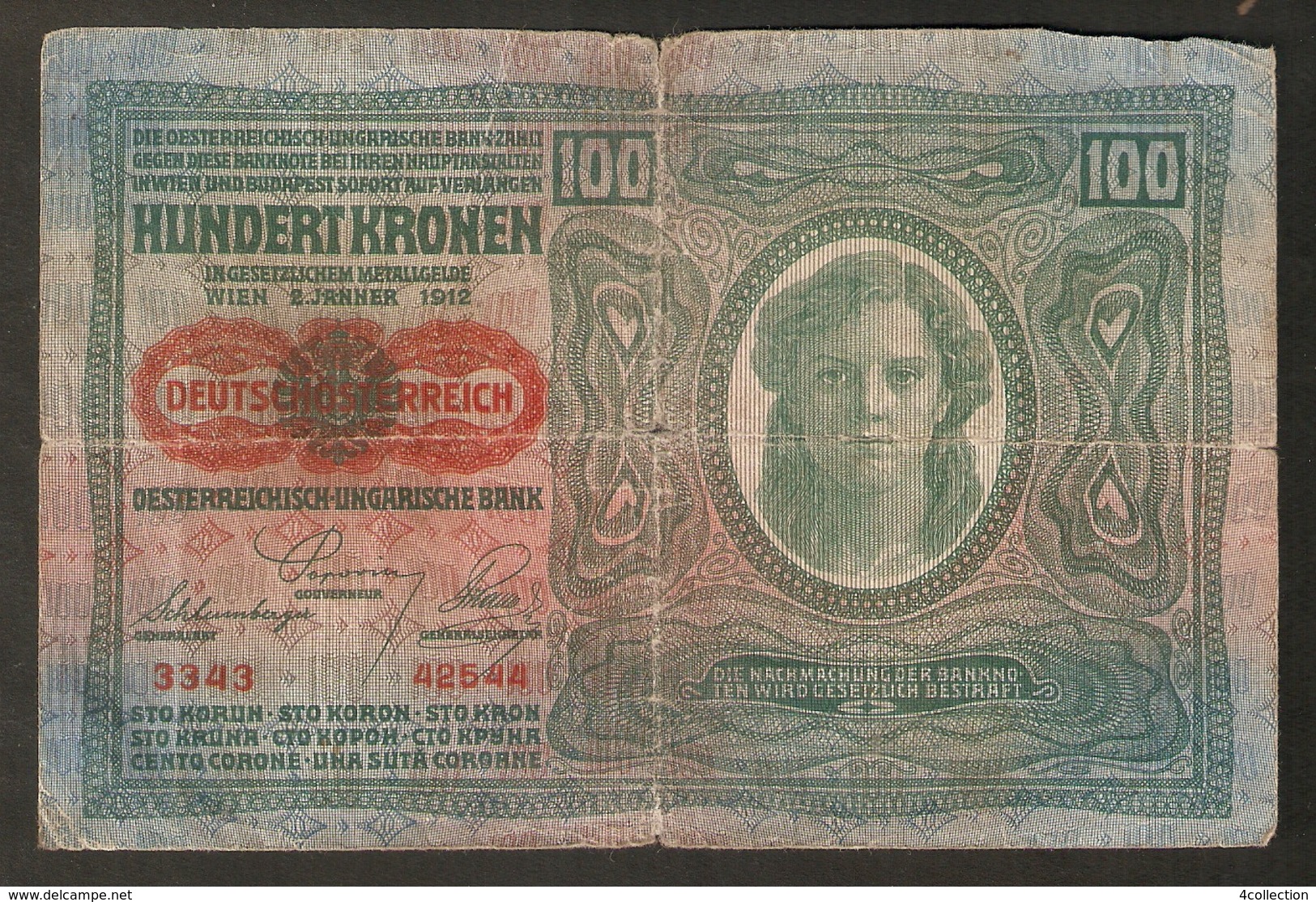 T. Austria Hungary 100 Kronen 1912 # 3343 / 42544 Osterreichisch Ungarische Bank Osterreich Banknote - Austria