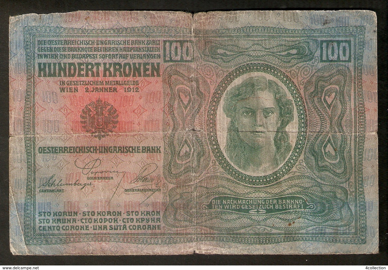 T. Austria Hungary 100 Kronen 1912 # 3343 / 42544 Osterreichisch Ungarische Bank Osterreich Banknote - Austria