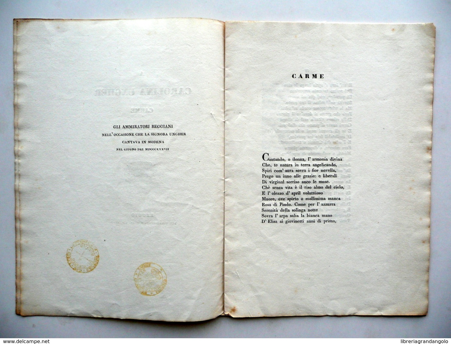 A Carolina Ungher Carme Di Prospero Viani Torreggiani 1837 Contralto Opera - Non Classificati