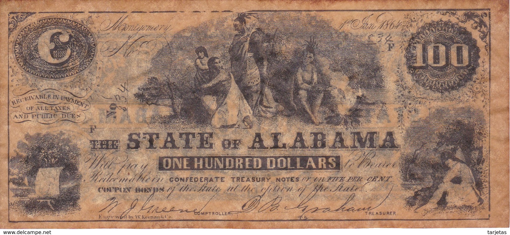 BILLETE DE ESTADOS UNIDOS DE ALABAMA DE 100 DOLLARS DEL AÑO 1864  (BANKNOTE) - Divisa Confederada (1861-1864)