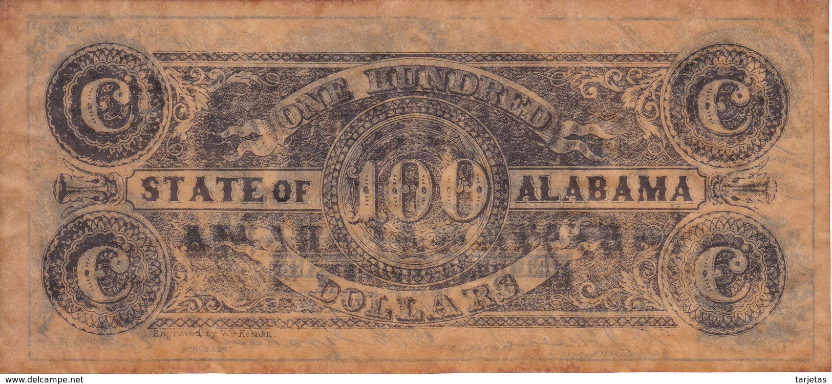 BILLETE DE ESTADOS UNIDOS DE ALABAMA DE 100 DOLLARS DEL AÑO 1864  (BANKNOTE) - Divisa Confederada (1861-1864)