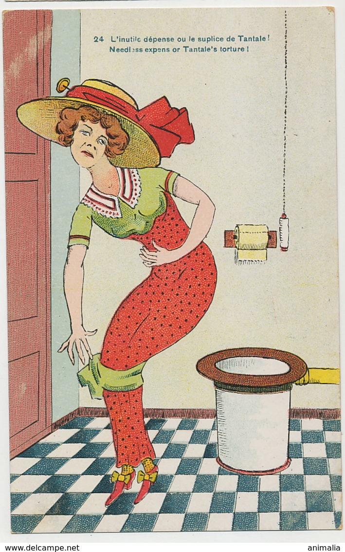 Scatologie Urinating  Girl Going To The Toilets With Tight Dress.Needless Expense Or Tantale's Torture Epingle Chapeau - Autres & Non Classés