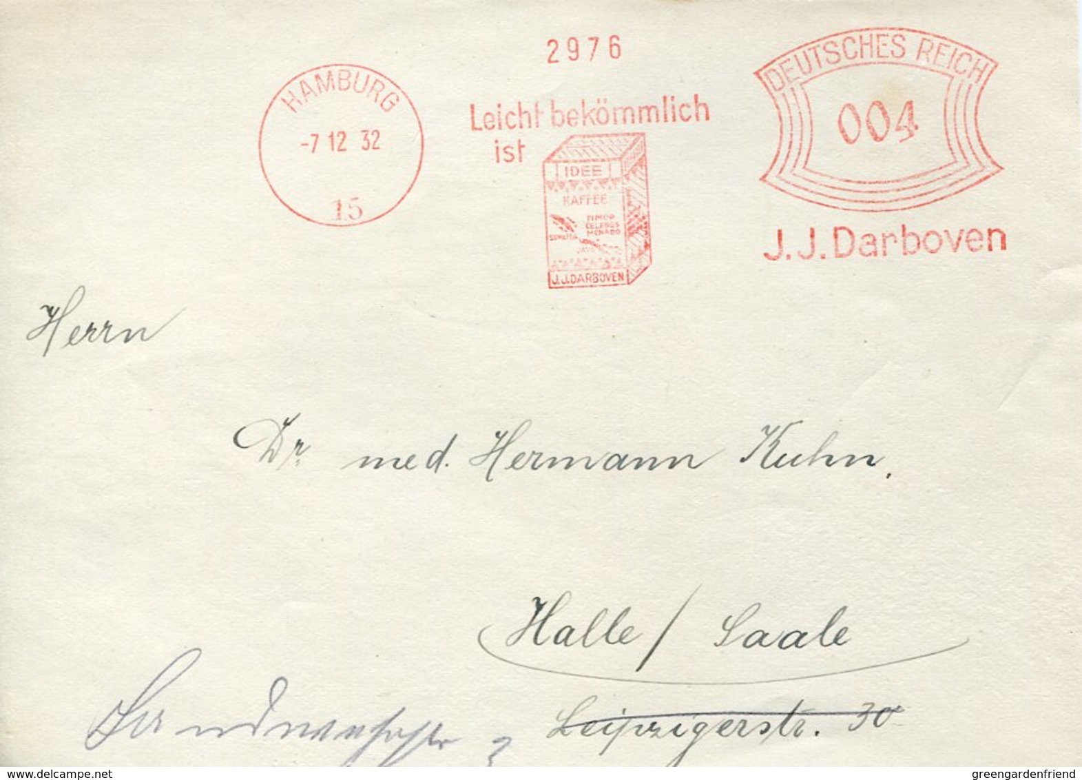 35233 Germany Reich, Red Meter/freistempel/ema/ Hamburg 1932 J.j. Darboven Coffee From Sumatra,celebes Timor,java - Franking Machines (EMA)