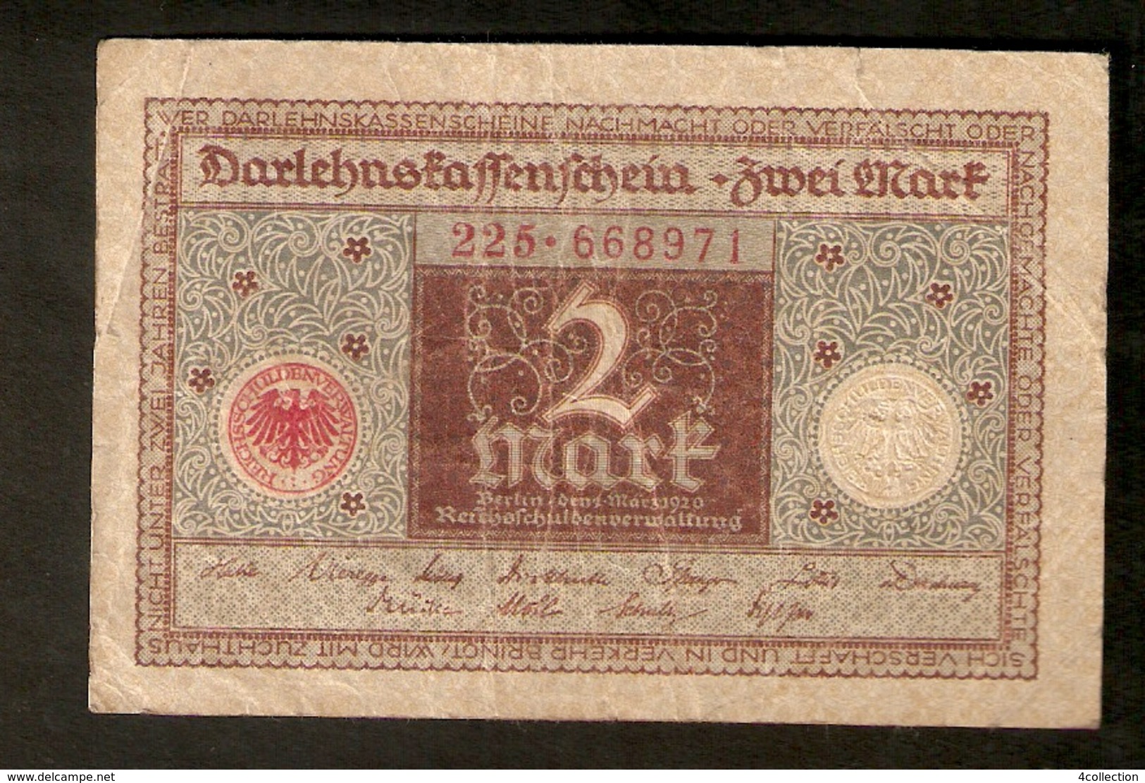 T. Germany German Weimar Republic Reichsbanknote 2 Mark 1920 # 225 . 668971 - 2 Mark