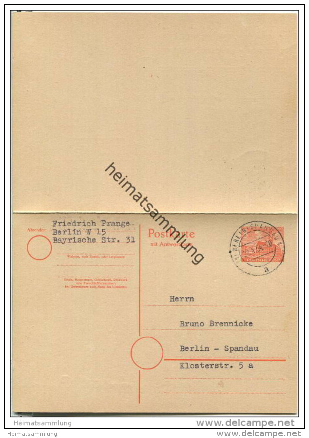 Postkarte Berlin P 7 - Gelaufen Am 22.4.1954 Als Ortskarte - Antwortkarte Ungebraucht Anhängend - Postcards - Mint