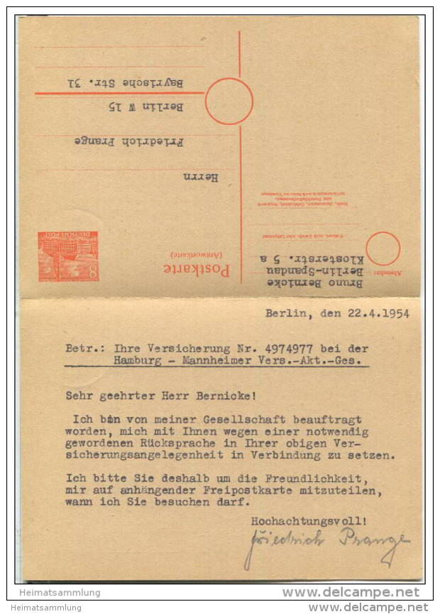 Postkarte Berlin P 7 - Gelaufen Am 22.4.1954 Als Ortskarte - Antwortkarte Ungebraucht Anhängend - Cartes Postales - Neuves