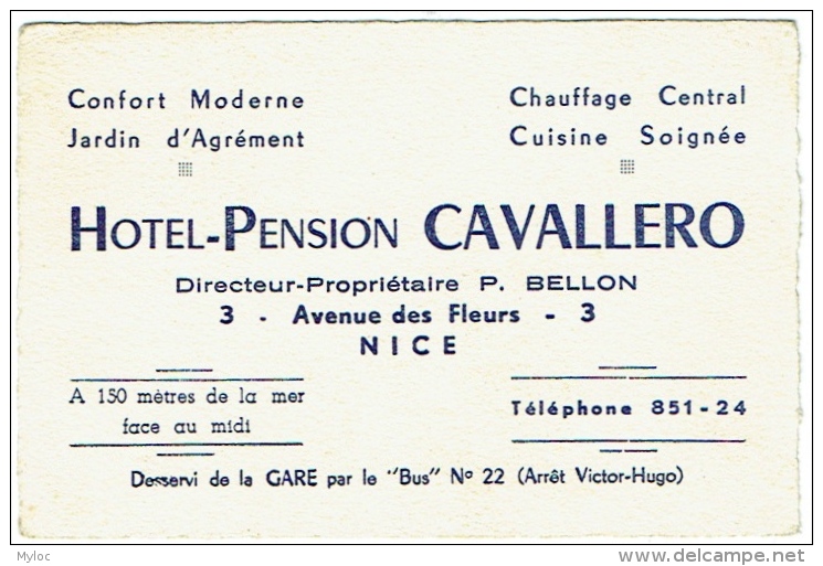 Carte Visite. Nice. Hôtel-Pension Cavallero. Avenue Des Fleurs. - Visitekaartjes