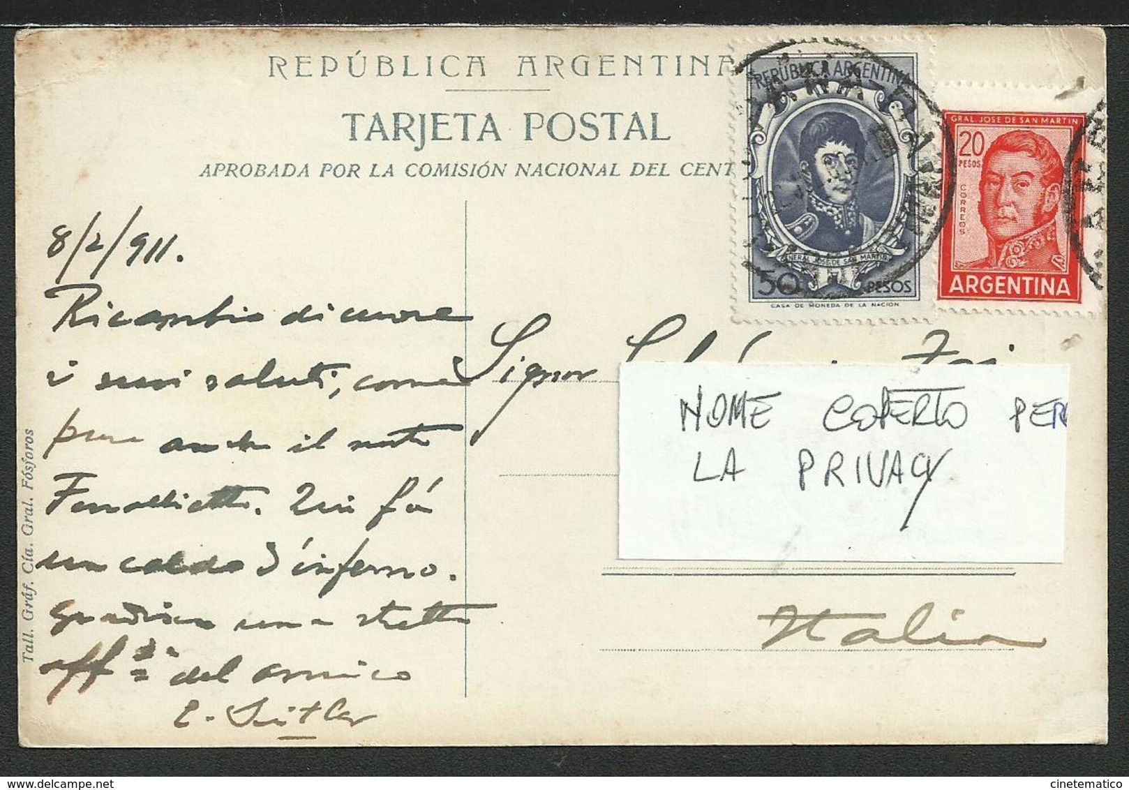 Tarjeta Postal Turística Para Italia - Cartolina Di Propaganda Turistica Per L'Italia REPUBBLICA ARGENTINA - Argentina