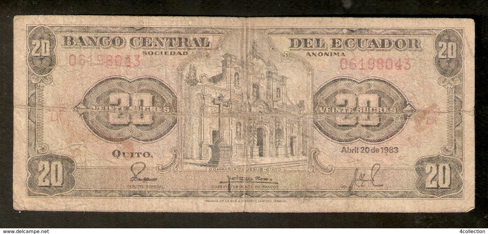 T. Banco Central Del Ecuador Veinte 20 Sucres 1983 Compania De Jesus-Guito # 06198043 - Ecuador