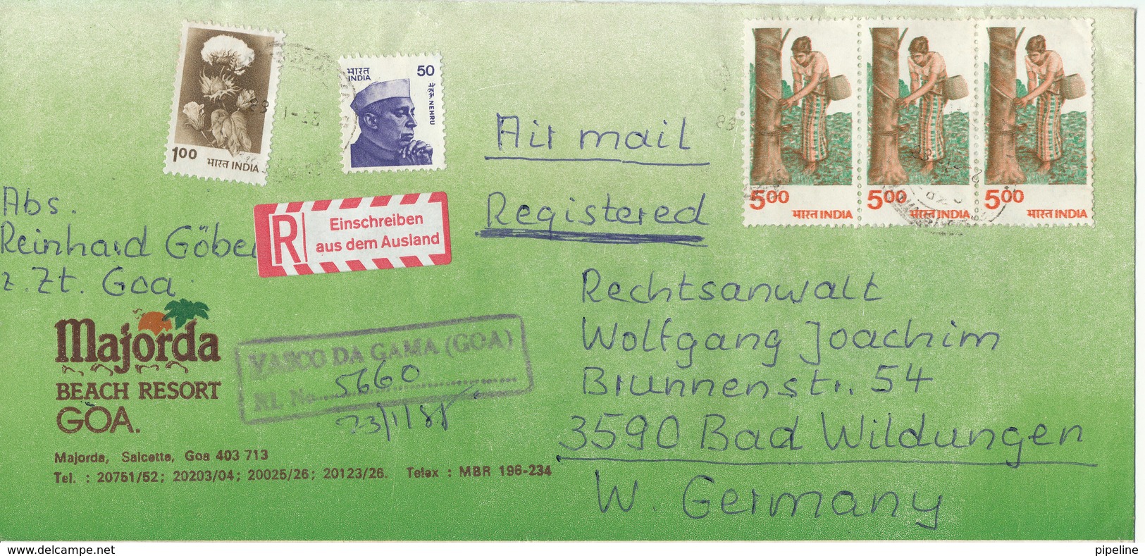 India Registered Cover Sent To Germany Vasco Da Gama (GOA) 23-1-1988 - Covers & Documents