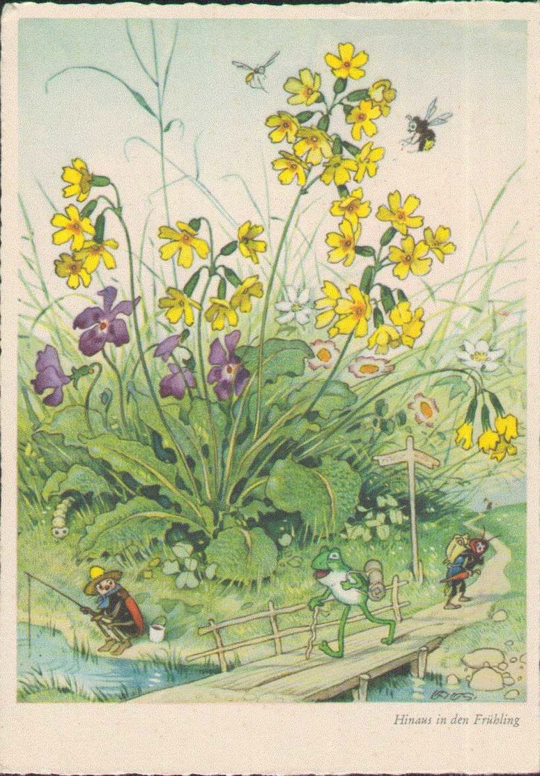 Hinaus In Den Frühling, Frosch Und Käfer, Künstler-Postkarte, Zeichner Signiert, Baumgarten, F. - Baumgarten, F.