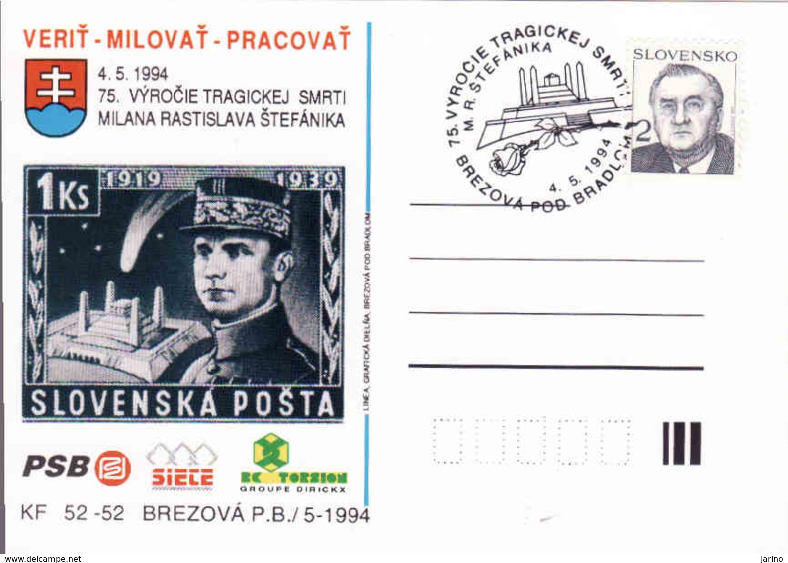 Slovaquie 1994,  Timbre Occasionnel 75 Anniversaire De La Mort De Štefánik, Petite Tirage - Postales