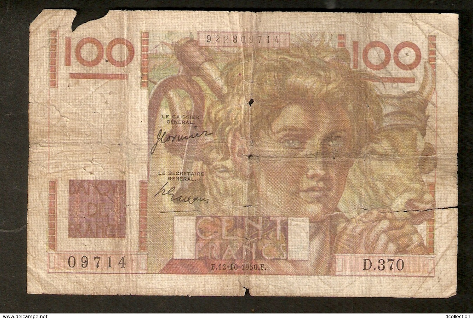 T. France 100 F Cent Francs F.12-10 1950.F. # 09714 D.370 J. Cormier And P. Gargam - 100 F 1945-1954 ''Jeune Paysan''