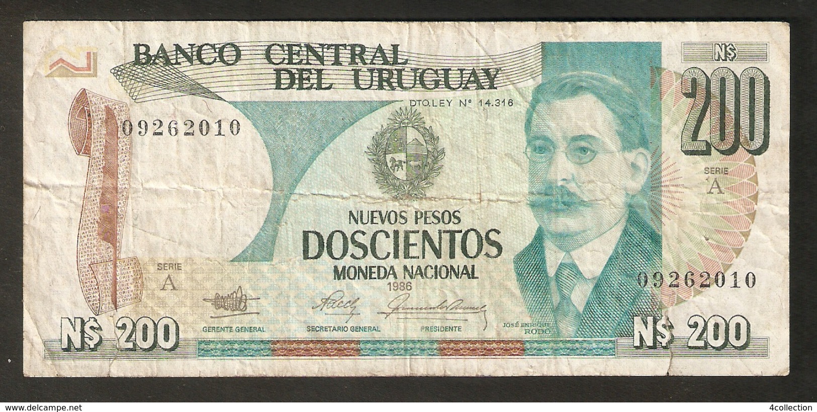 T. Banco Central Del URUGUAY Nuevos Pesos Doscientos Moneda Nacional 1986 N$ 200 # 09262010 Ser. A - Uruguay