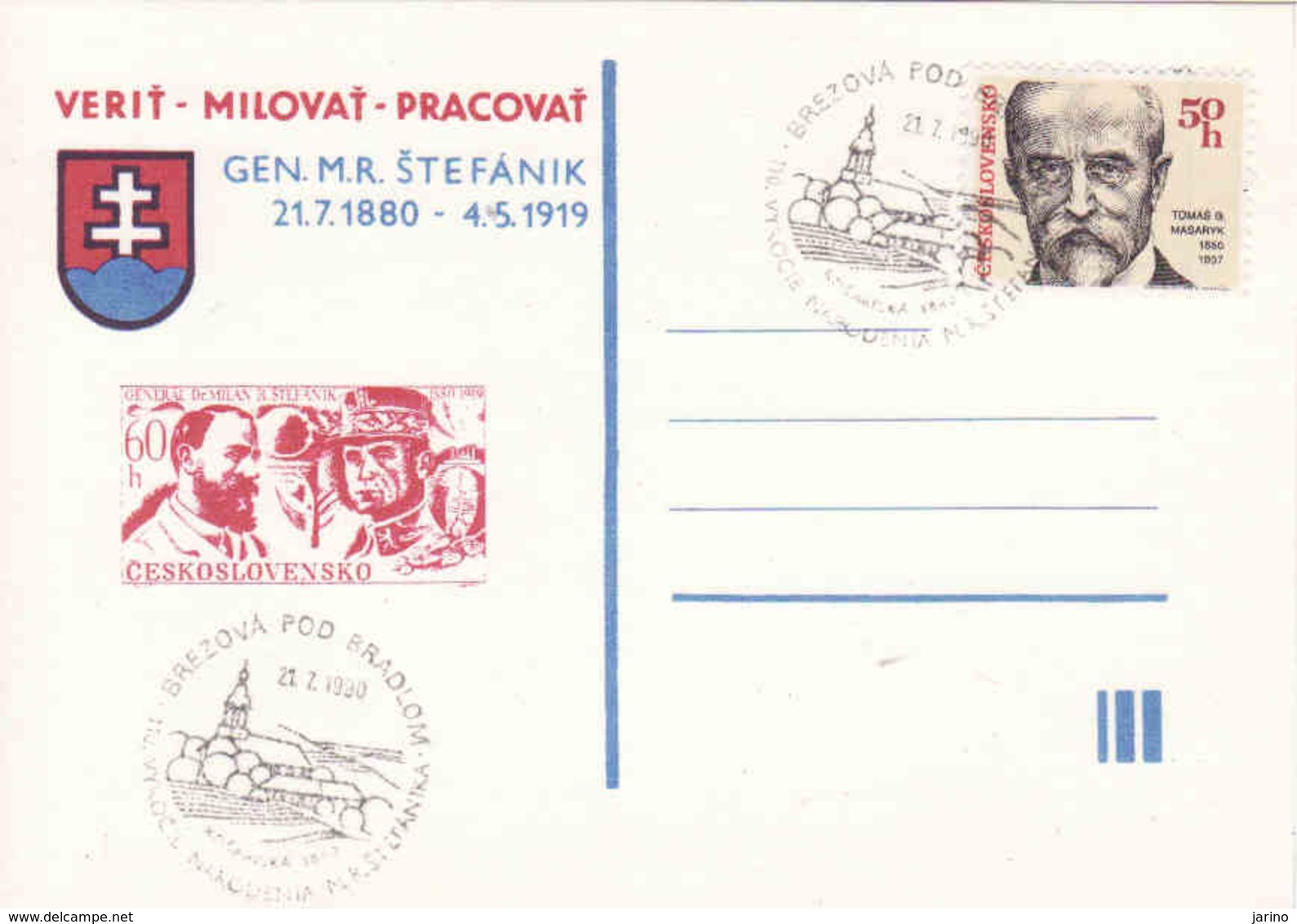 Slovaquie 1990,  Timbre Occasionnel 110 Anniversaire Naissance De Štefánik, Stefan Osuský, Petite Tirage - Postkaarten