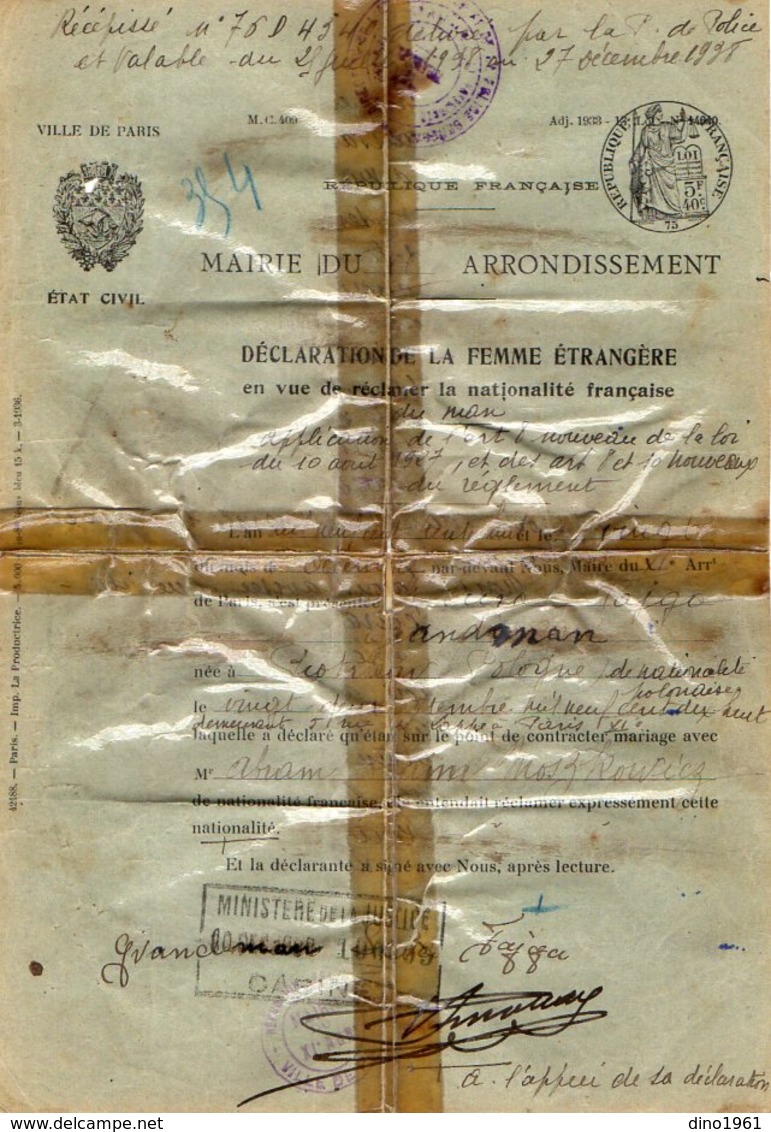 VP12.464 - Police X Mairie De PARIS 1938 - Déclaration De La Femme Etrangère Melle ? Polonaise ( Document Plastifié ) - Police & Gendarmerie