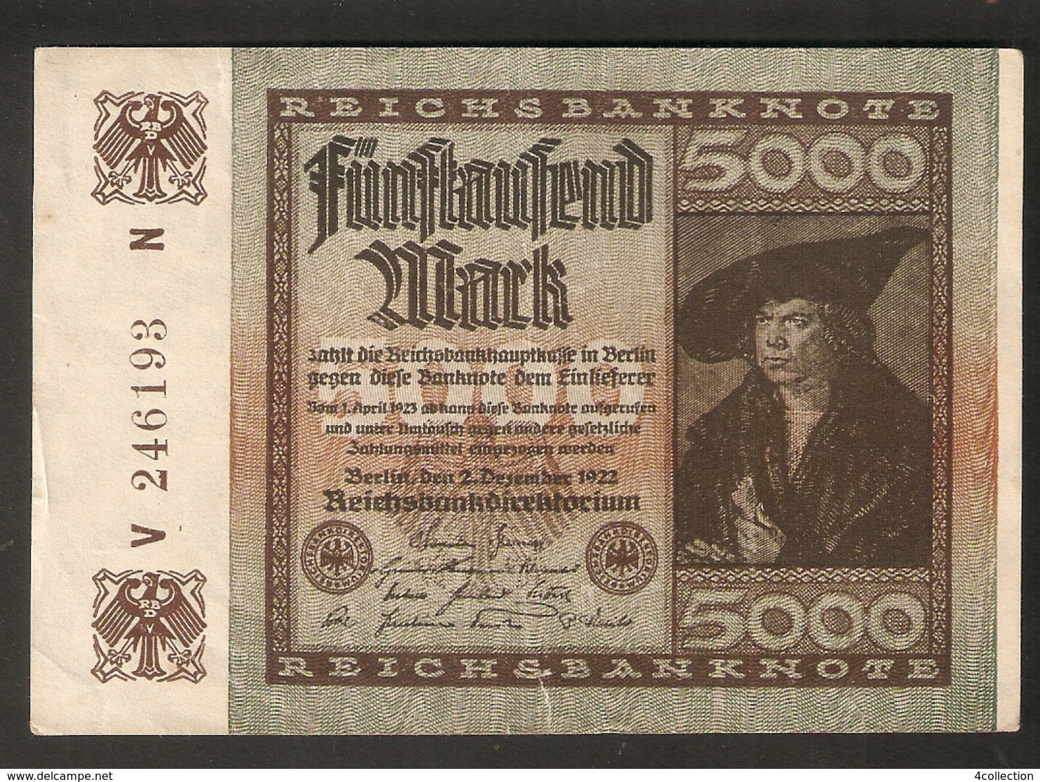 T. Germany Weimar Republic Reichsbanknote 5000 Mark Funftausend 1922 V 246193 N - 5000 Mark