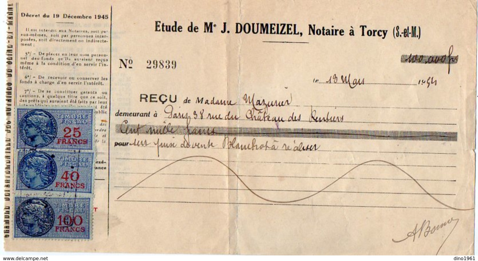 VP12.466 - Reçu - Etude De Me J. DOUMEIZEL Notaire à TORCY - Collections