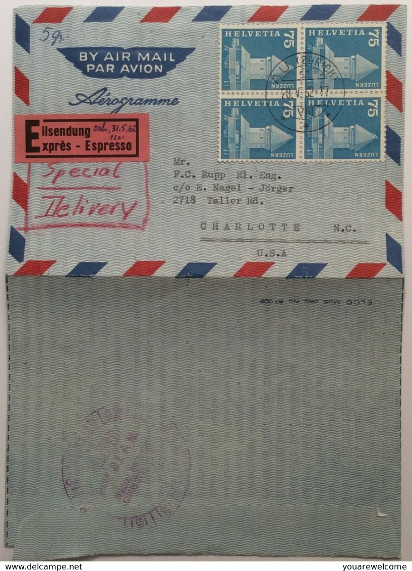 Schweiz 1960 Viererblock 366 „AU ZÜRICH 1962“ BEDARFS EXPRESS AEROGRAMME>  USA (cover - Briefe U. Dokumente